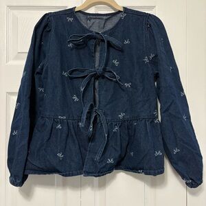 Navy Blue Denim Three Tie Top with Embroidered Bows Girlhood Feminine Sz Medium